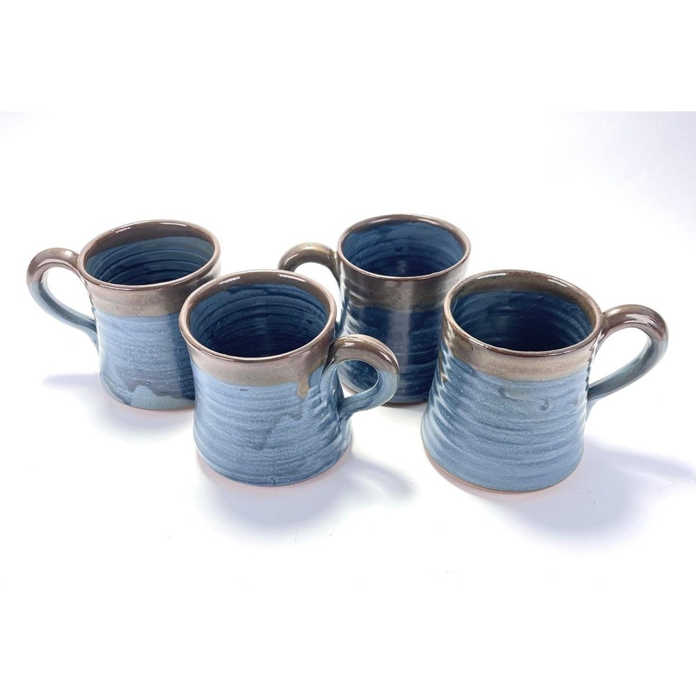 Blue Drip Glaze Studio Pottery Mugs (4 pc) Handmade Hand-Thrown Stoneware Rustic